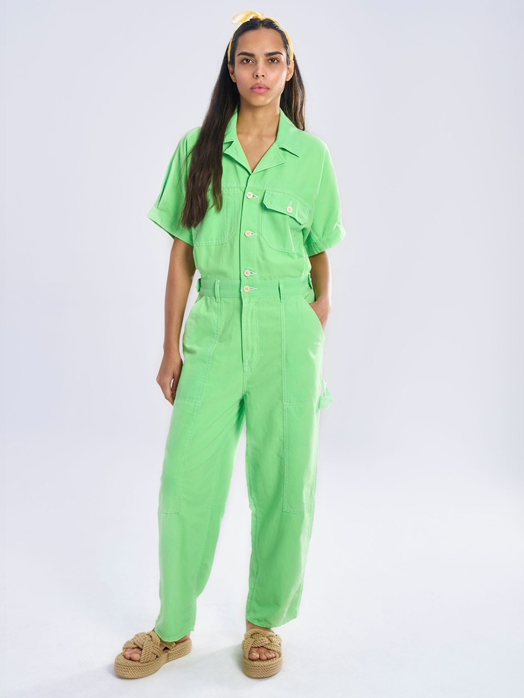 

Terra Luna Women Shirt Collar Basic Jumpsuit, Green