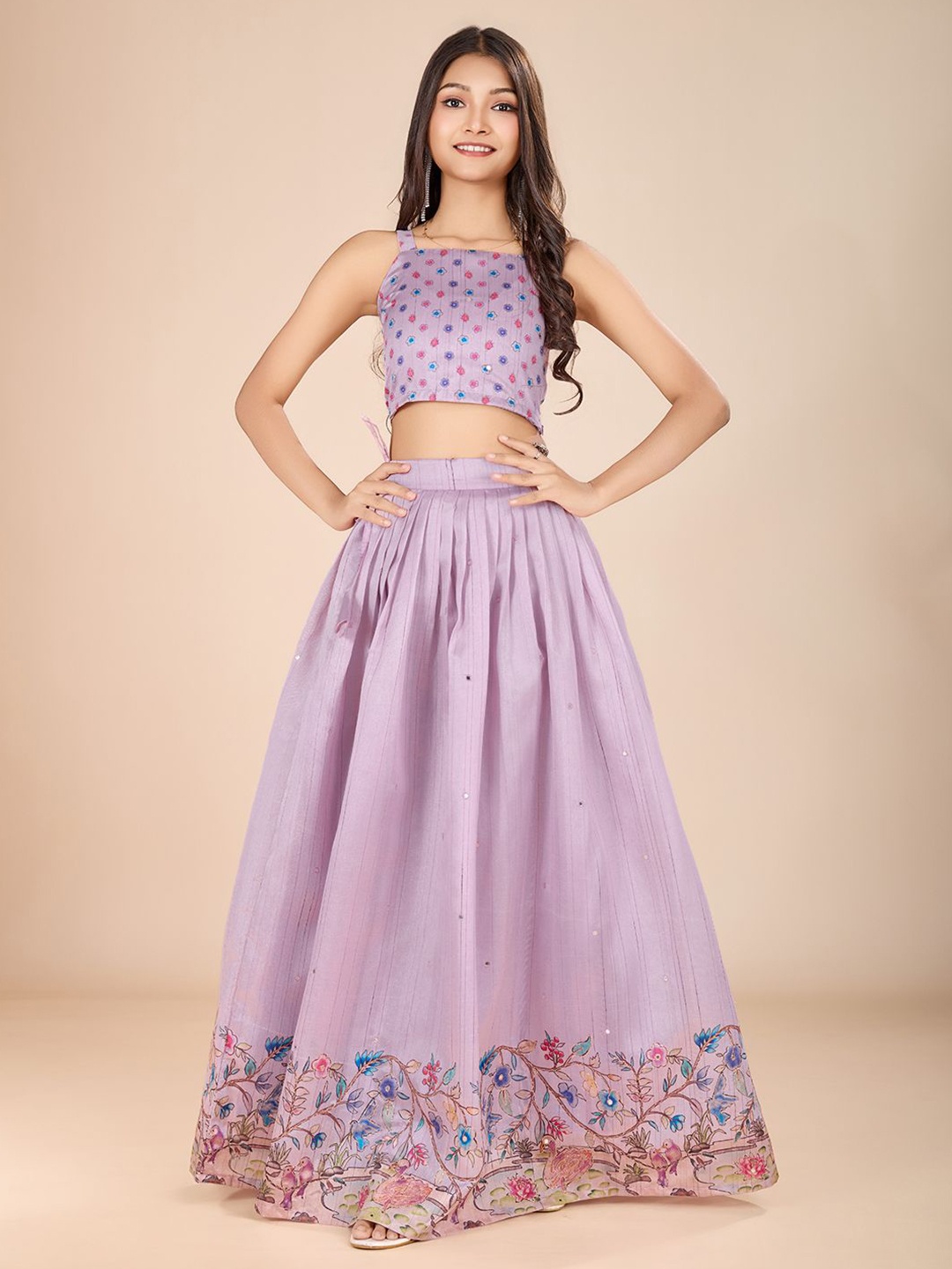 

Tasarika Girls Printed Mirror Work Ready To Wear Lehenga & Choli, Lavender