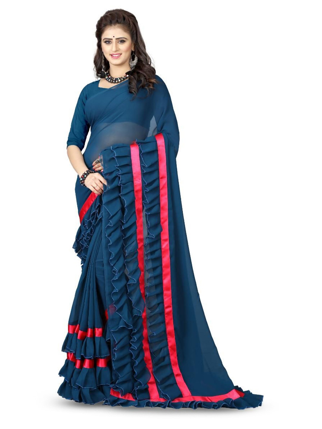 

AMK FASHION Women Ruffles Frill Saree, Blue