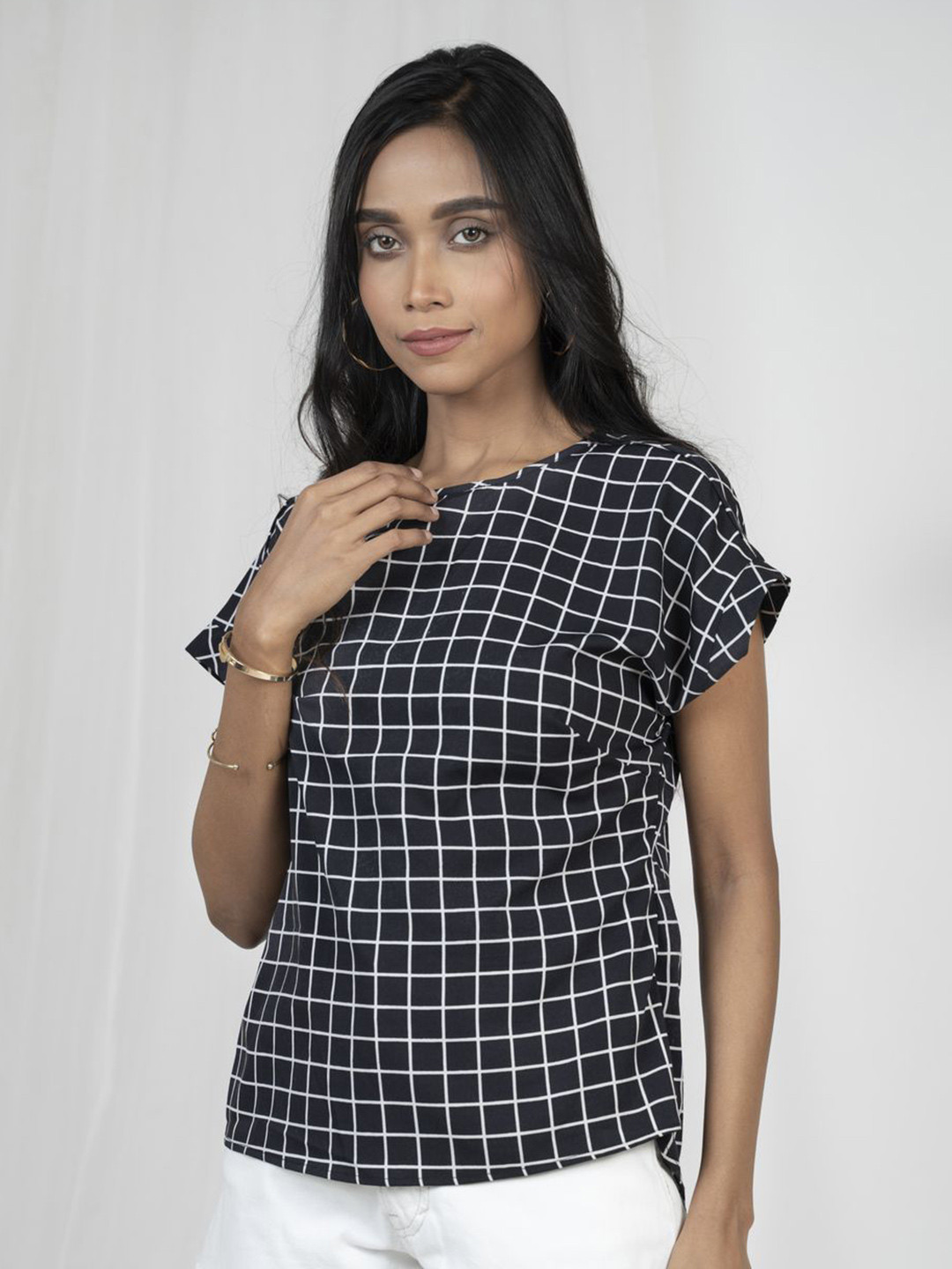 

XOXO Cherry Checked Regular Top, Black