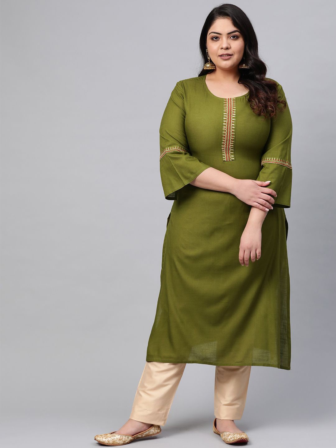 

KALINI Round Neck Thread Work Straight Kurta, Green