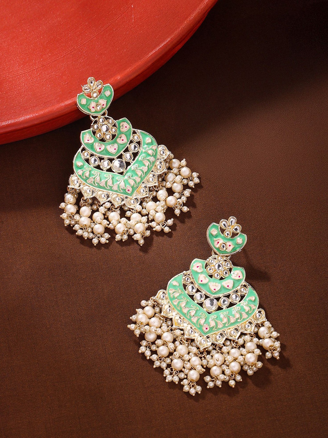 

Yellow Chimes Gold-Plated Artificial Stones And Beads Crescent Shaped Chandbalis Earrings, White