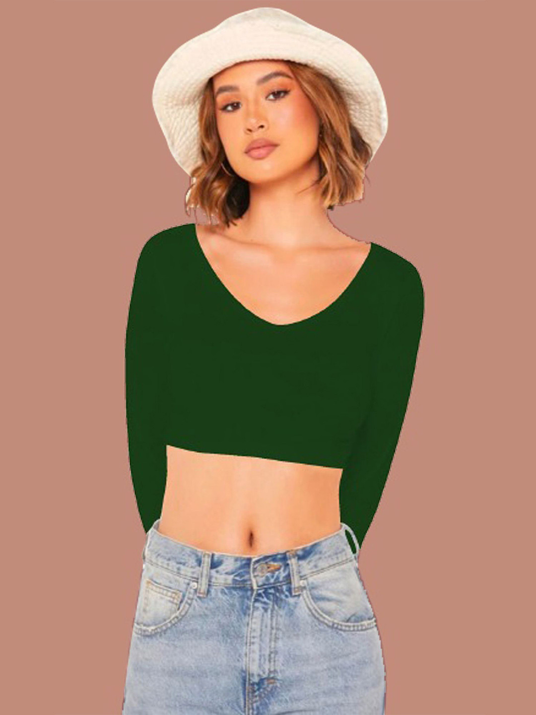 

Dream Beauty Fashion Women Solid Green V-Neck Crop Top