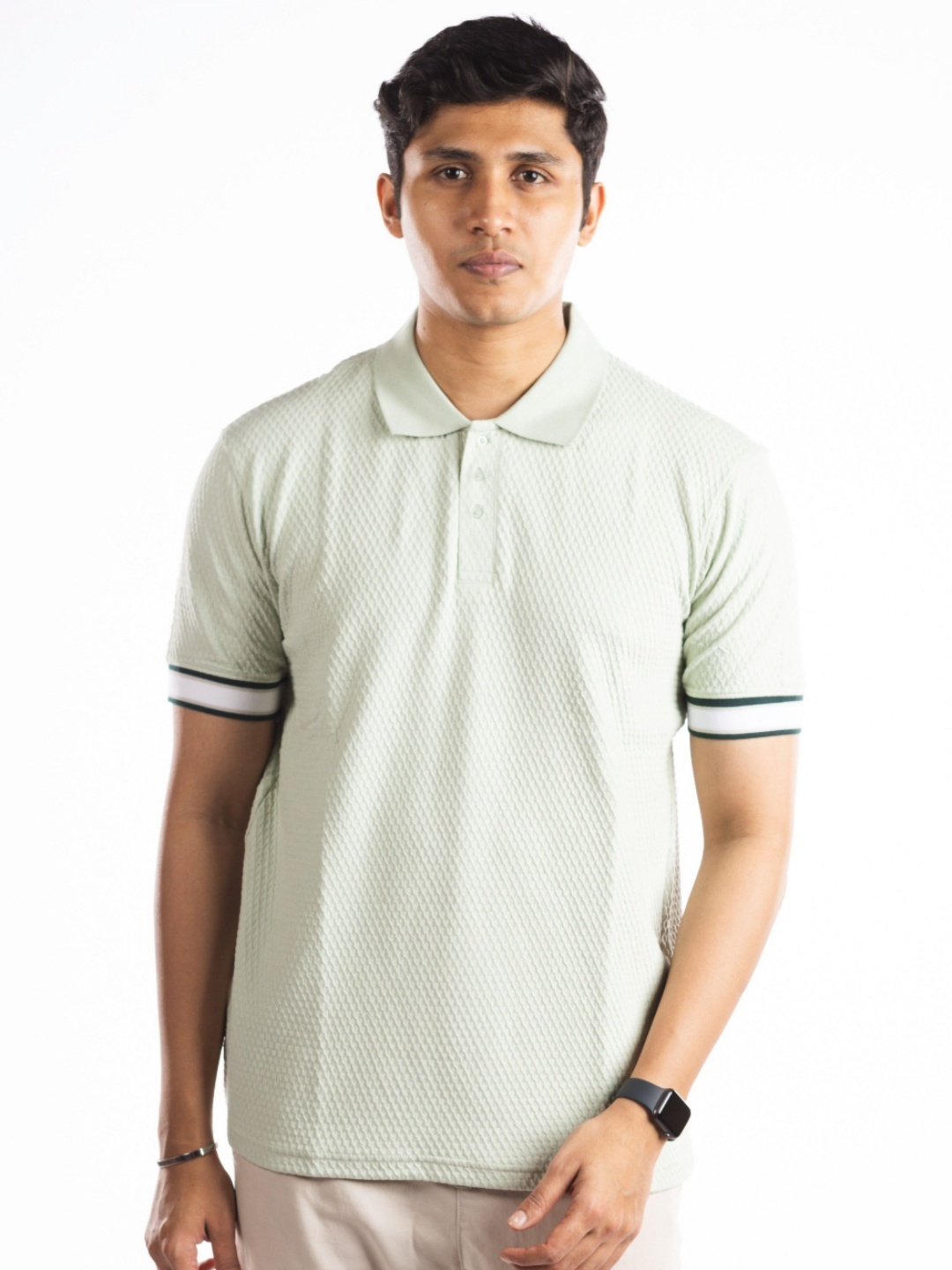 

Hidden Loops Men Self Design Polo Collar Cotton Slim Fit T-shirt, Green