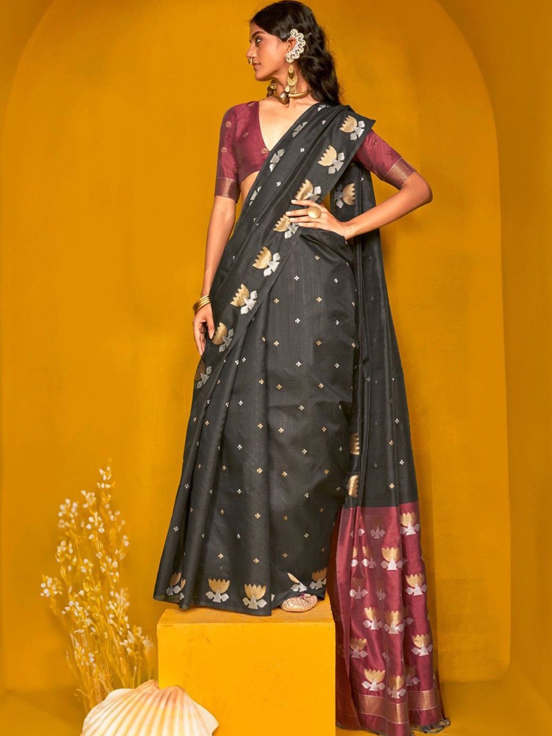 

Munir Woven Design Zari Poly Georgette Saree, Black