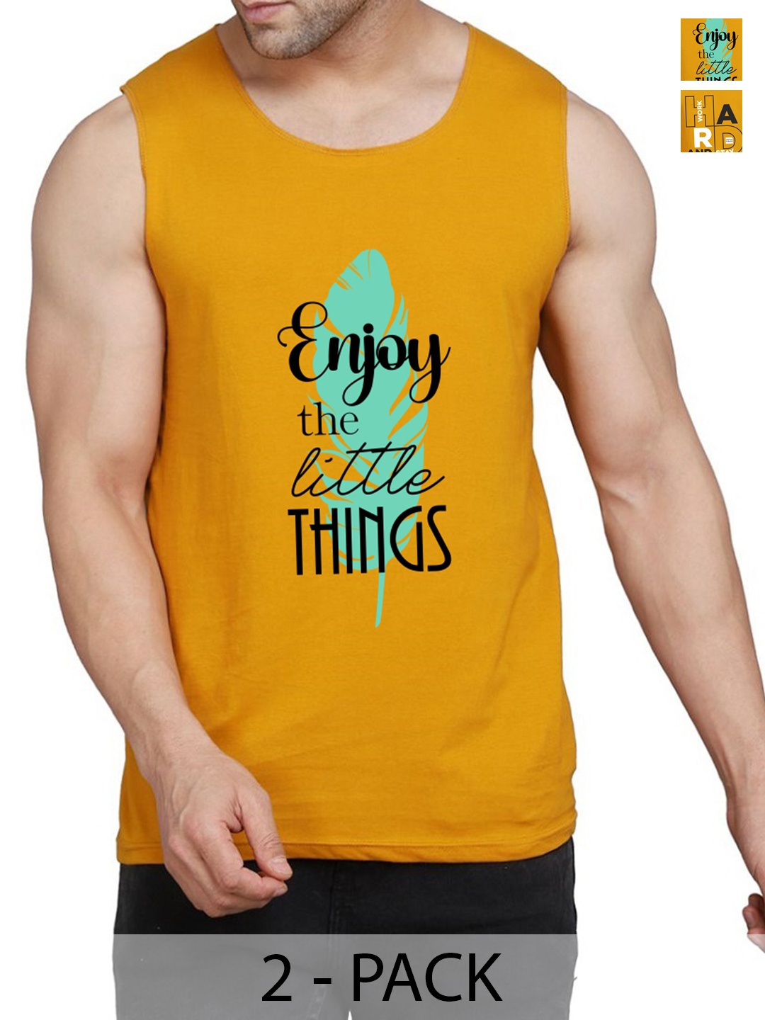

WOOSTRO Pack Of 2 Cotton Printed Gym Vests, Mustard