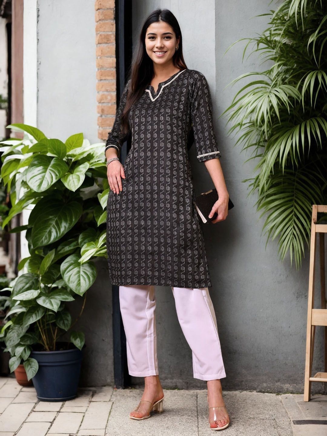 

Anouk Rustic Women Striped Notch Neck Straight Kurta, Black