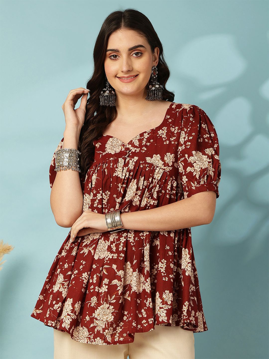 

KIMAYRA Women's Floral Print Puff Sleeve Cotton Top, Maroon