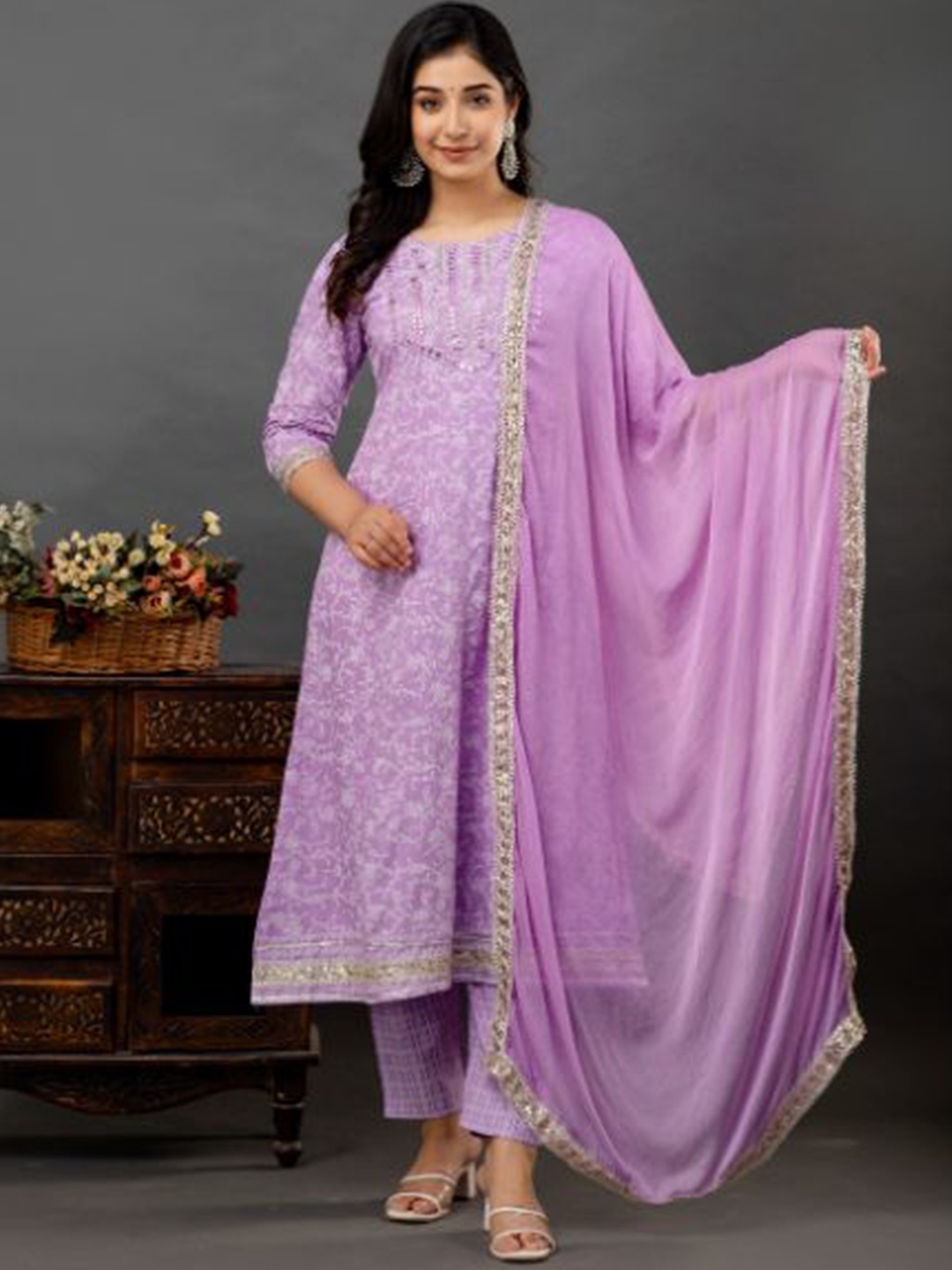 

BAIRAJ Floral Printed Round Neck A-line Kurta With Trousers And Dupatta, Purple