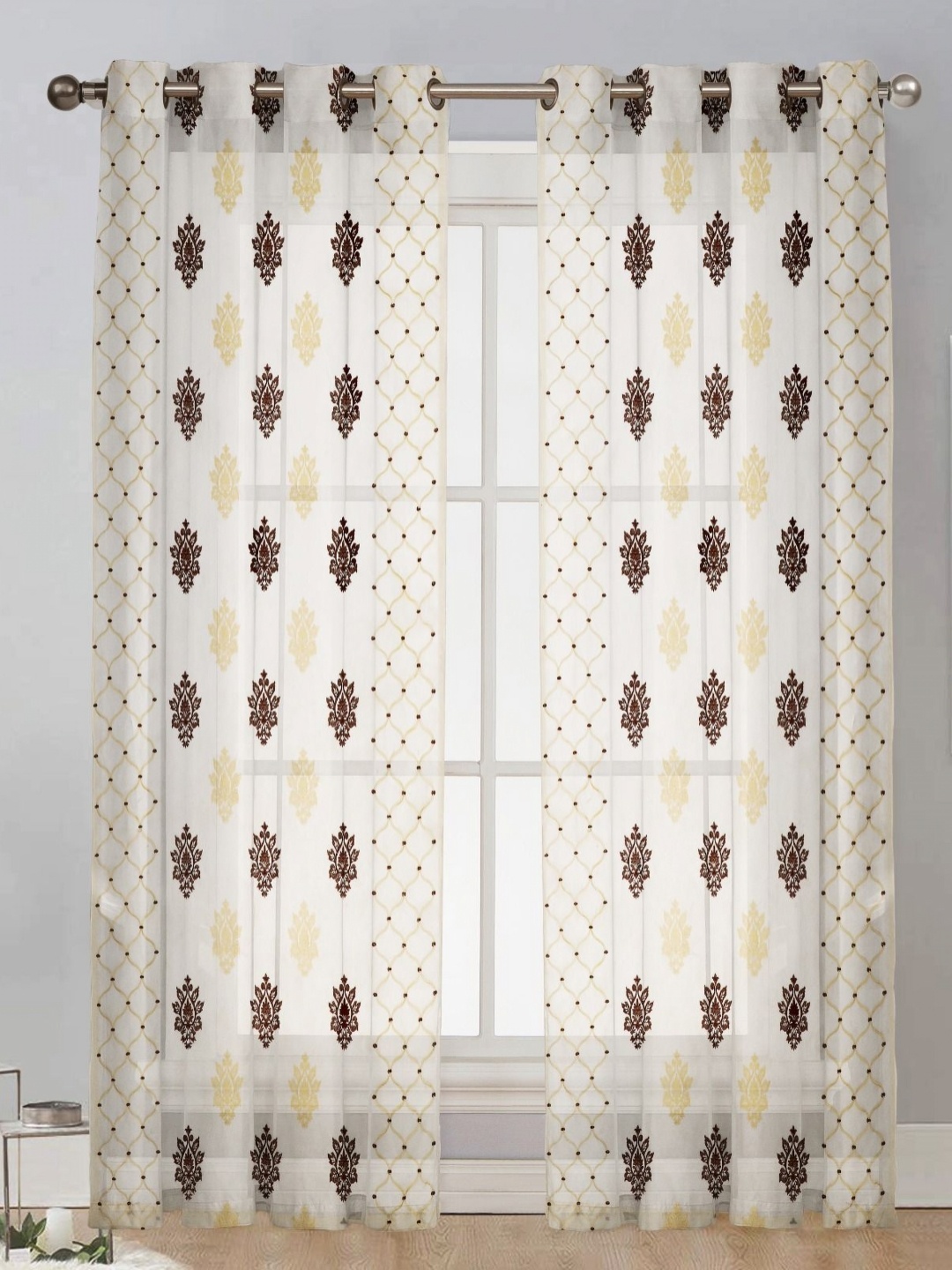 

RIDHAAN Gold-Toned & White 2 Pieces Floral Printed Sheer Long Door Curtain