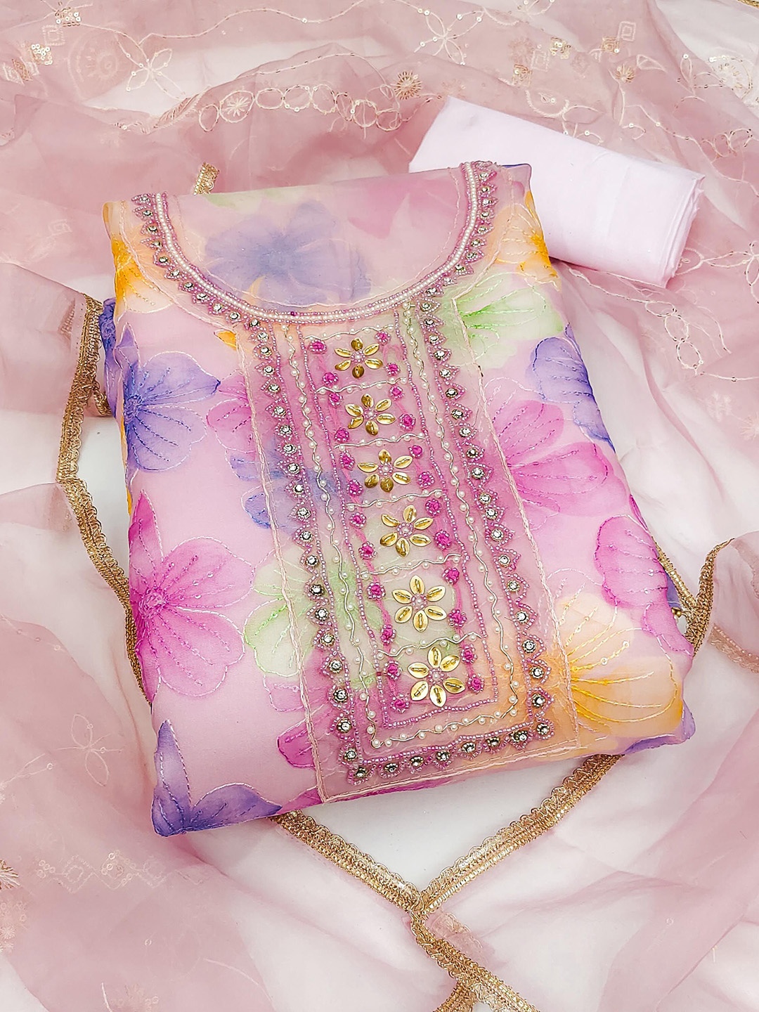 

SAINOOR Floral Embroidered Sequnnied Organza Semi-Stitched Dress Material, Pink