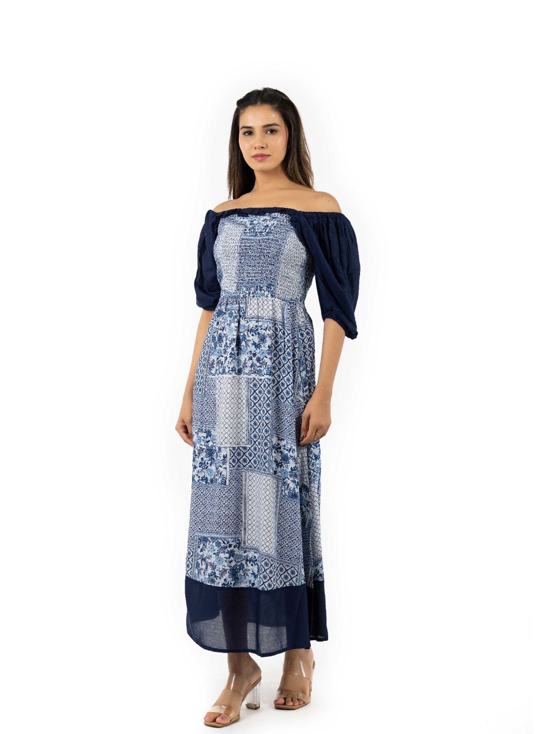 

KUNDAN FAB Ethnic Motifs Print Off-Shoulder Maxi Dress, Blue