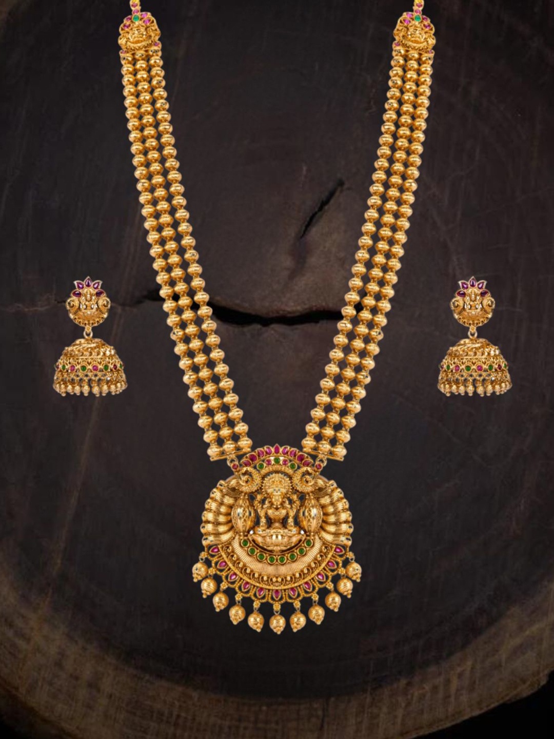 

South Temple Jewellery Gold-Plated Artificial Stones Studded Antique Jewellery Set