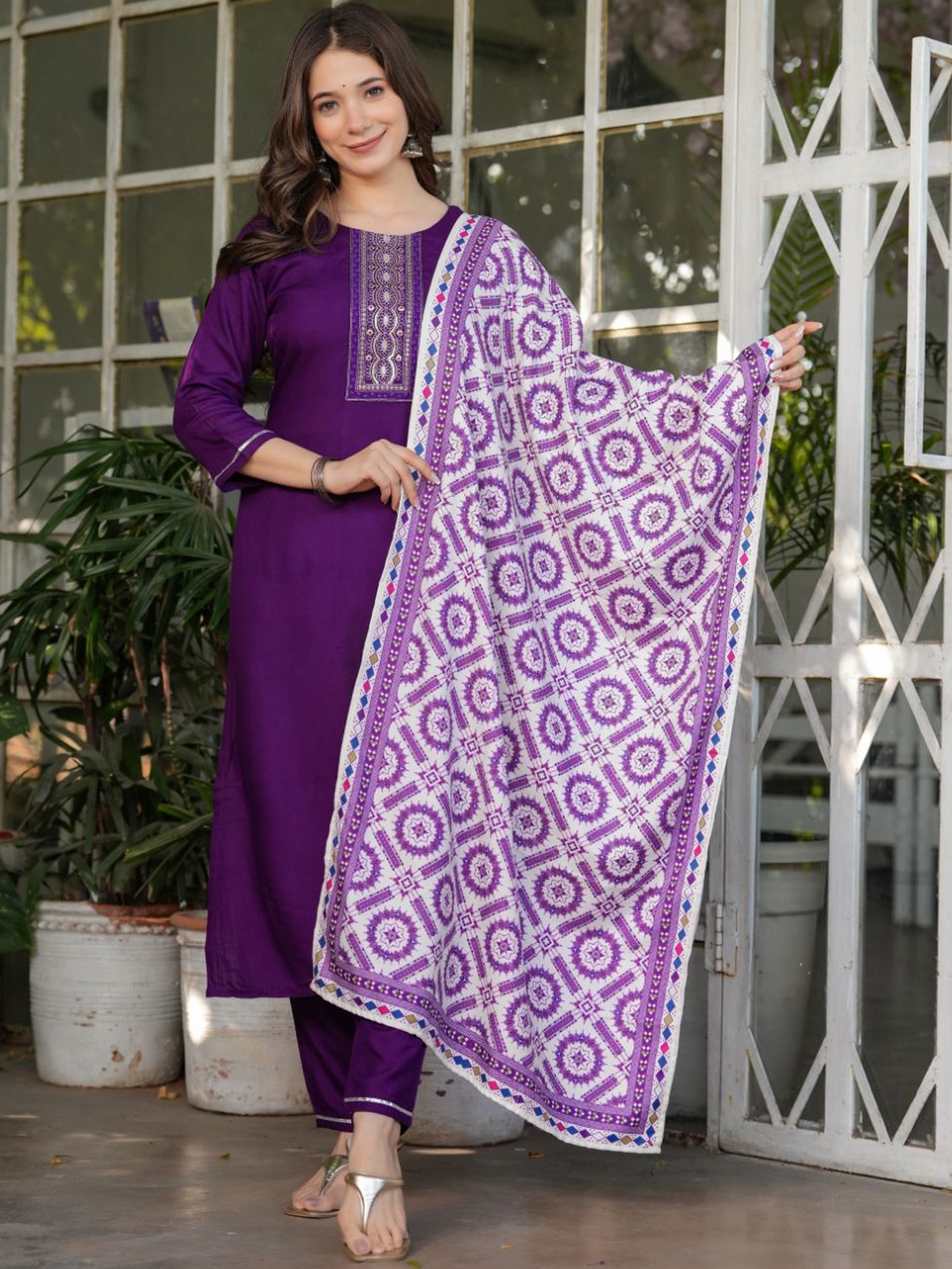 

Lilots Floral Yoke Design Round Neck Sequinned Kurta With Trouser & Dupatta, Purple