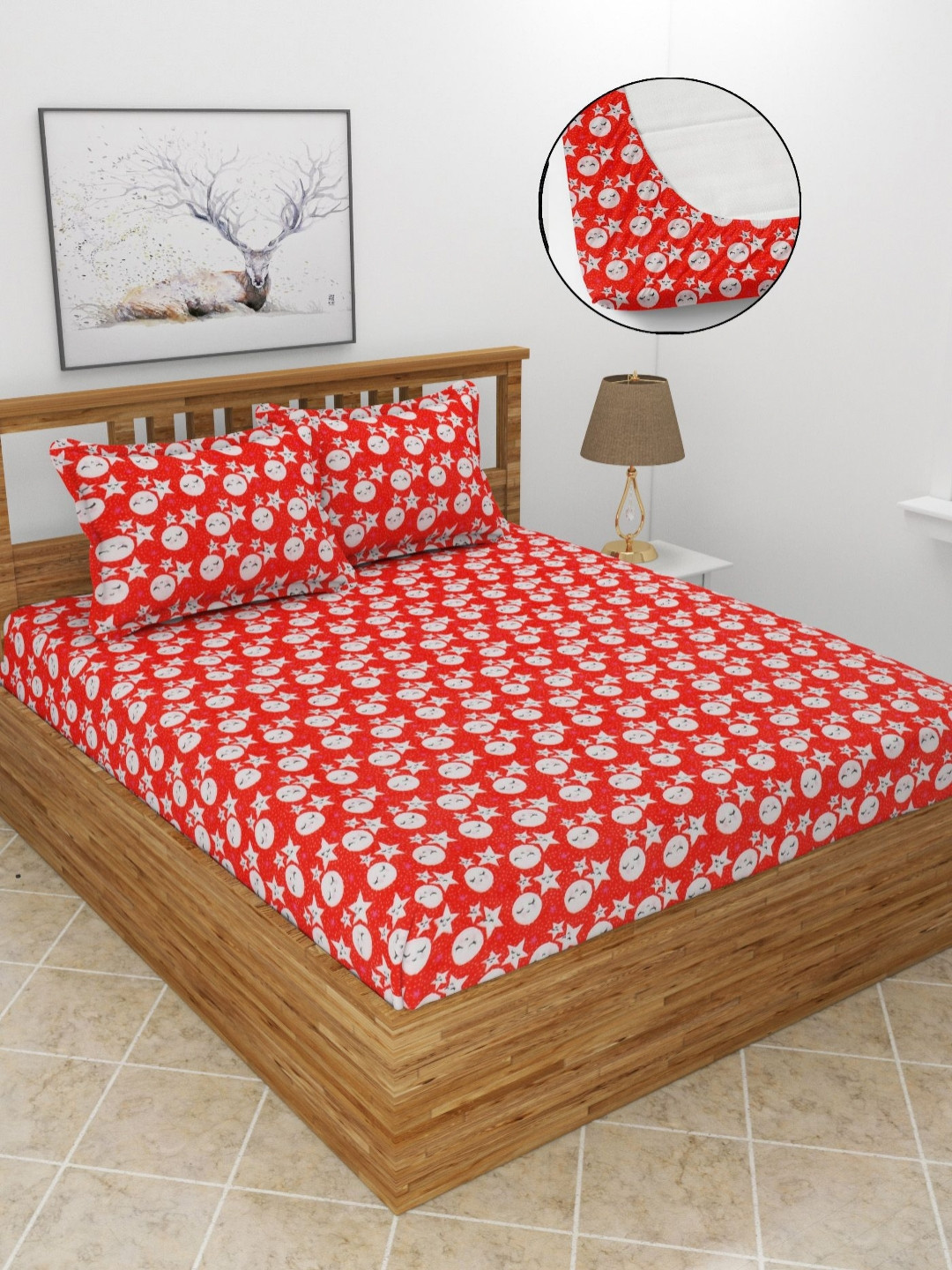 

BREVARD Red Conversational Printed Woolen Fitted 210 TC Queen Bedsheet Set 1.98m x 1.82m