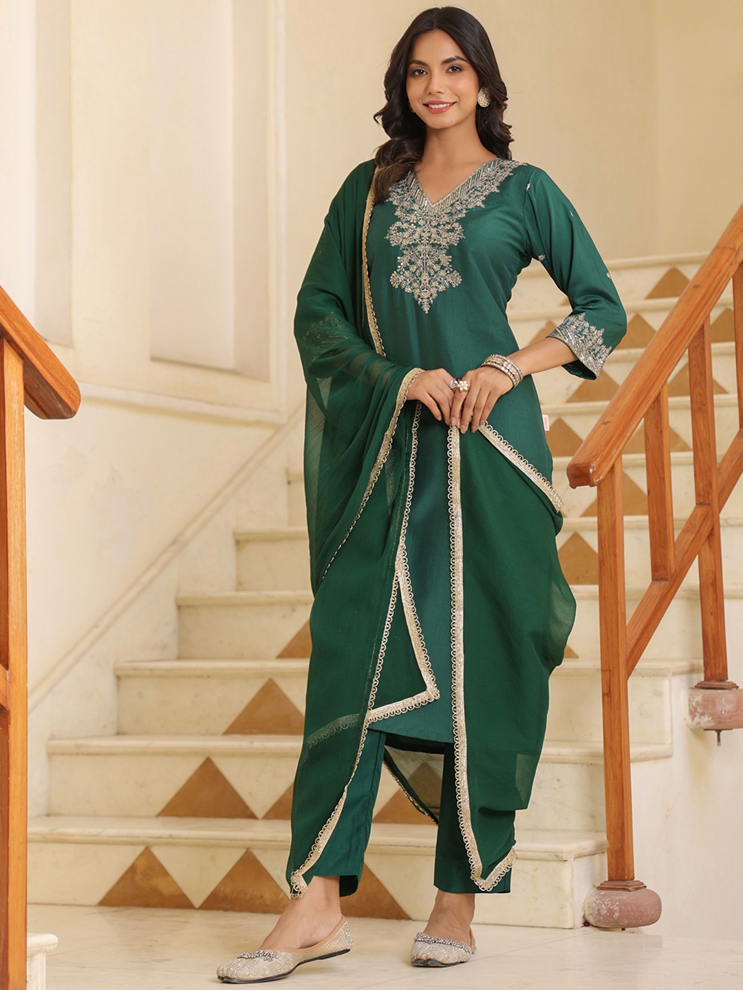 

KALINI Floral Embroidered Sequnnied V-Neck Straight Kurta With Trousers & Dupatta, Green