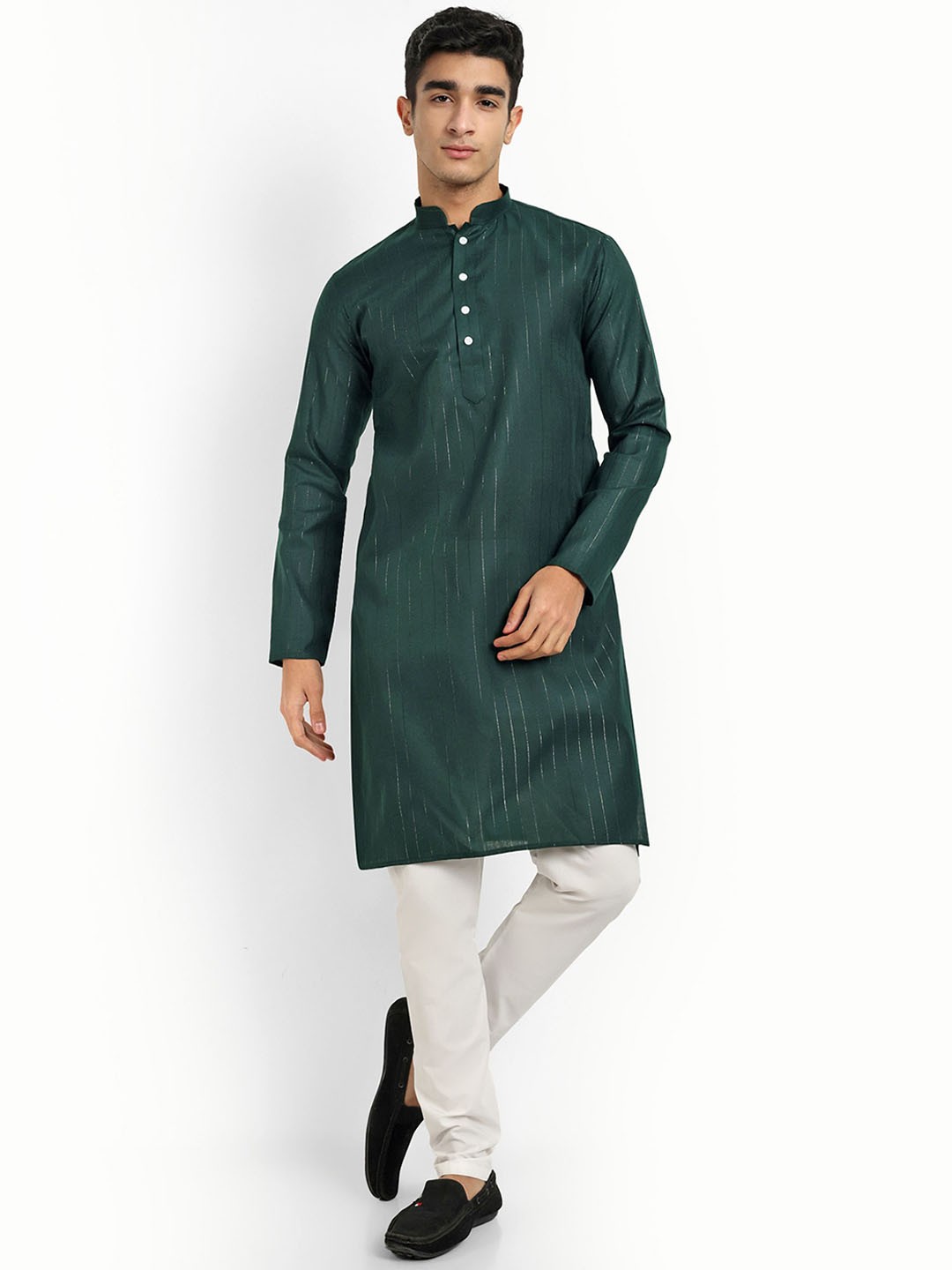 

WELL TEX Striped Embroidered Mandarin Collar Straight Kurta, Green