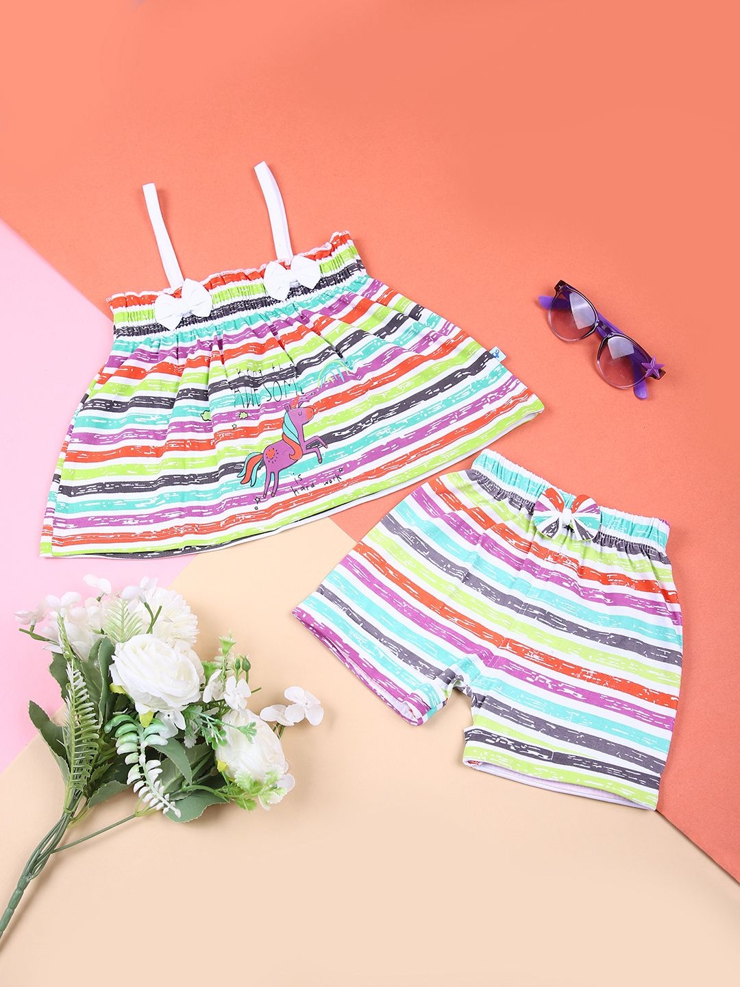 

V-Mart Girls Striped Sleeveless Top With Shorts, White
