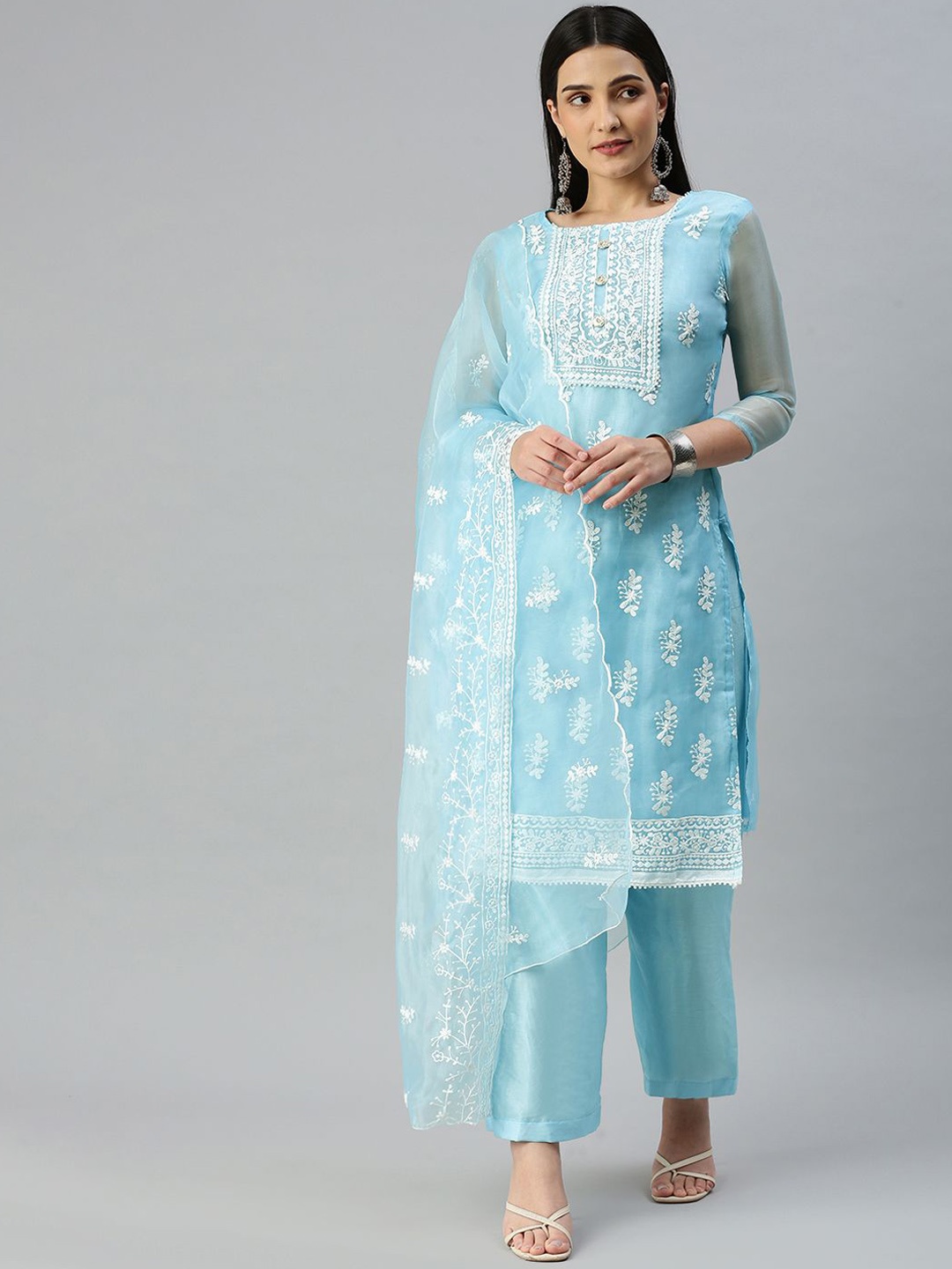 

SAINOOR Floral Zari Embroidered Organza Semi-Stitched Dress Material, Sea green