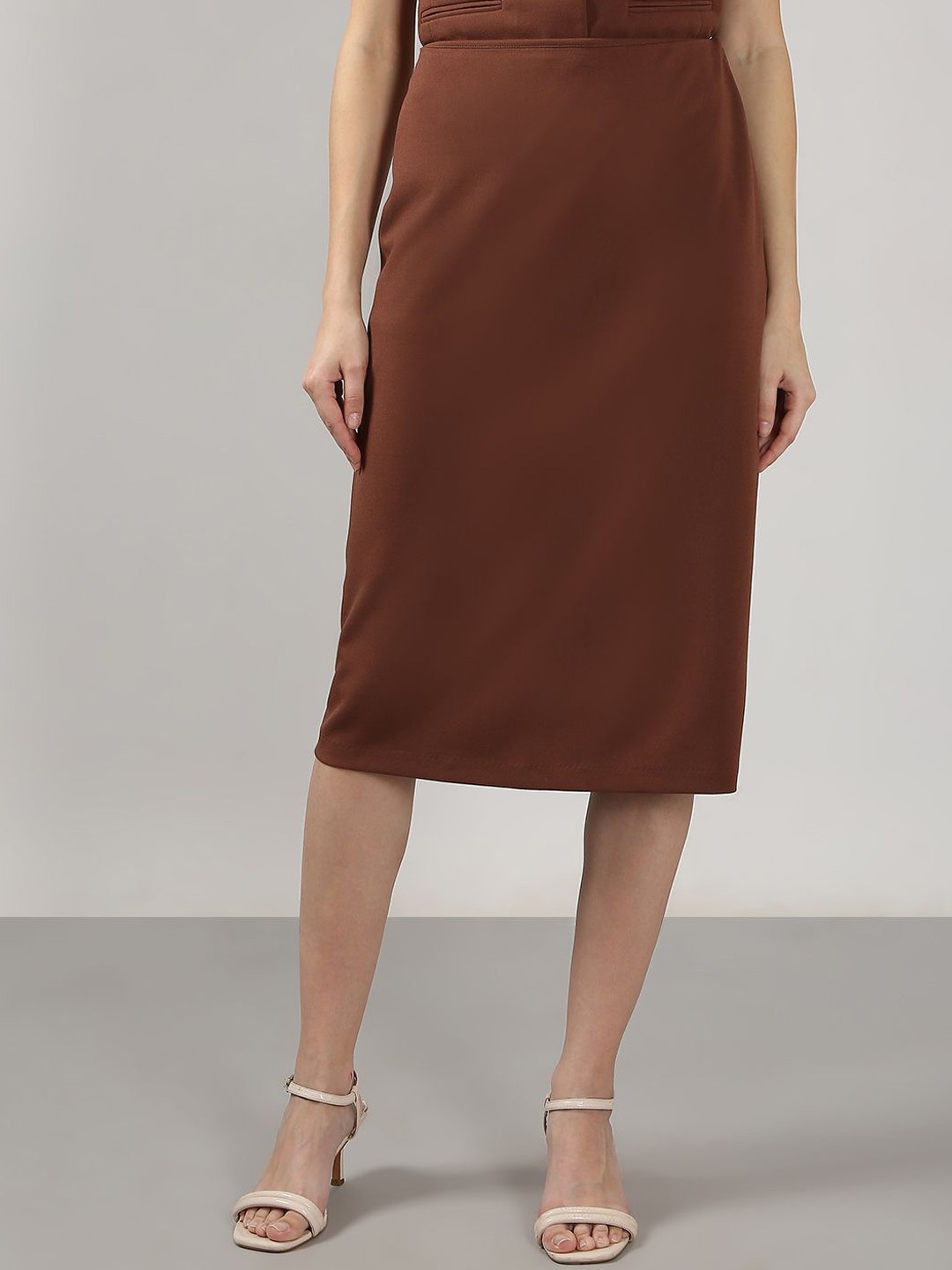 

VERO MODA Straight High Rise Midi Skirt, Brown