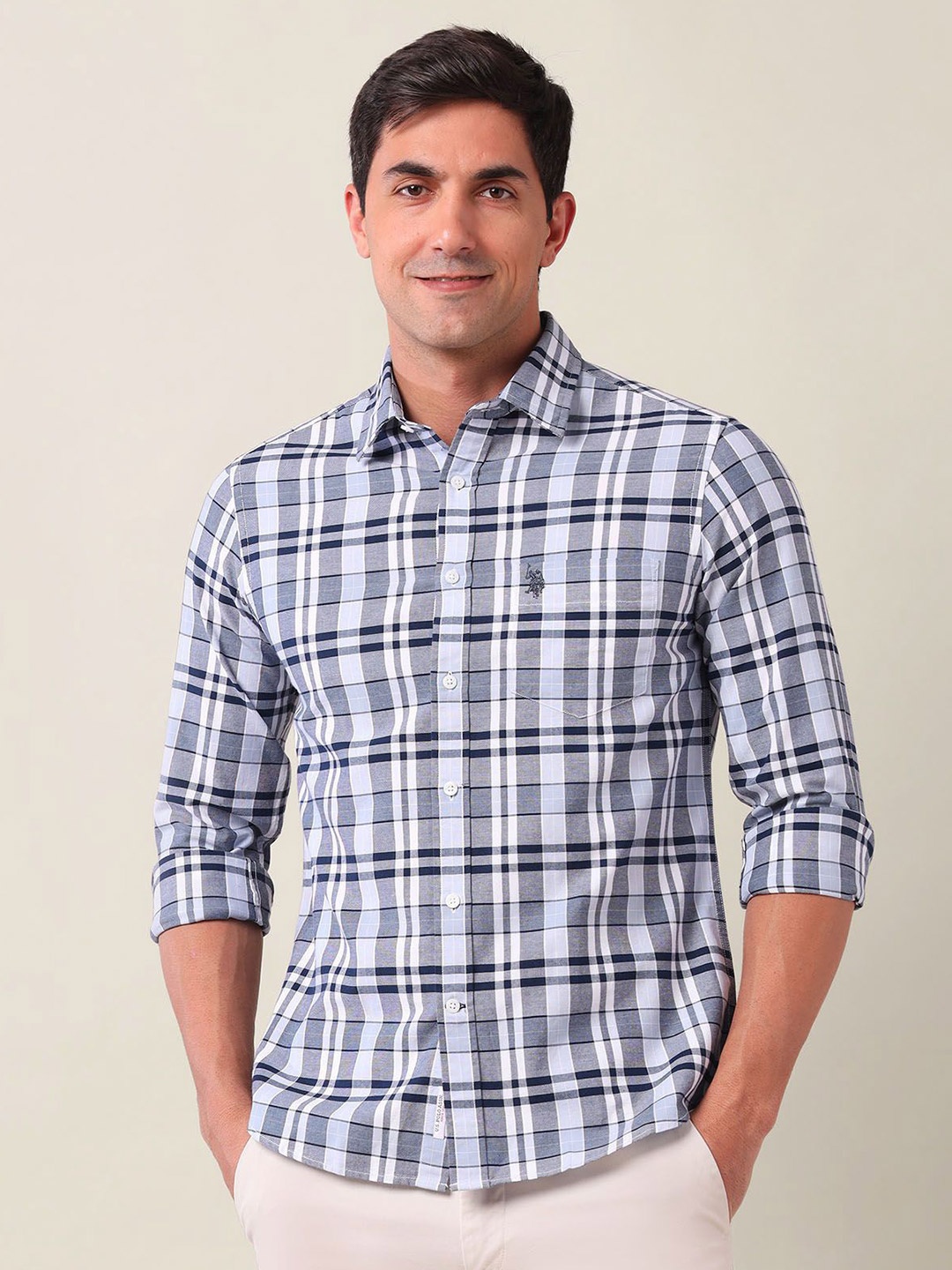 

U.S. Polo Assn. Men Classic Tailored Fit Opaque Checked Casual Shirt, Blue