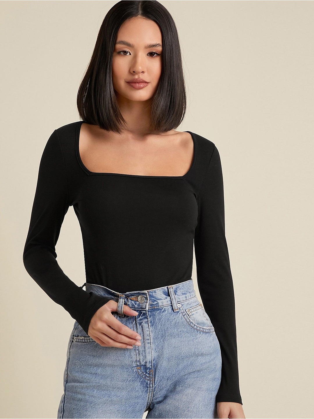 

AAHWAN Women Square Neck Top, Black