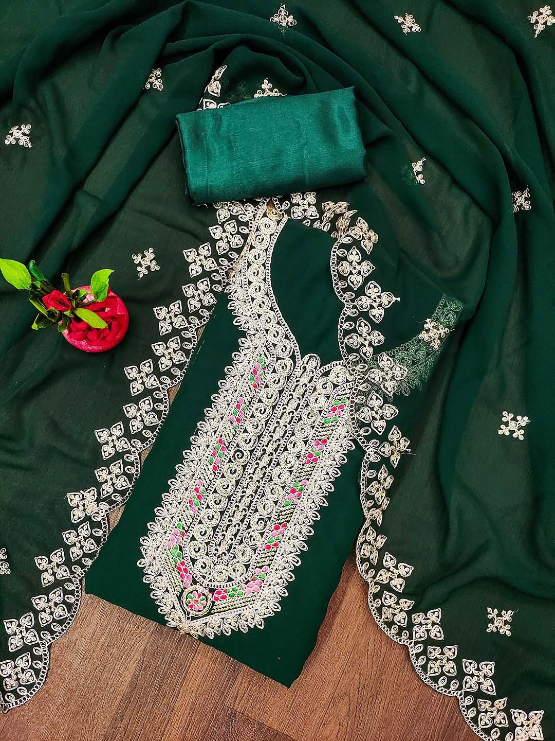 

SAINOOR Floral Embroidered Zari Silk Georgette Unstitched Dress Material, Green