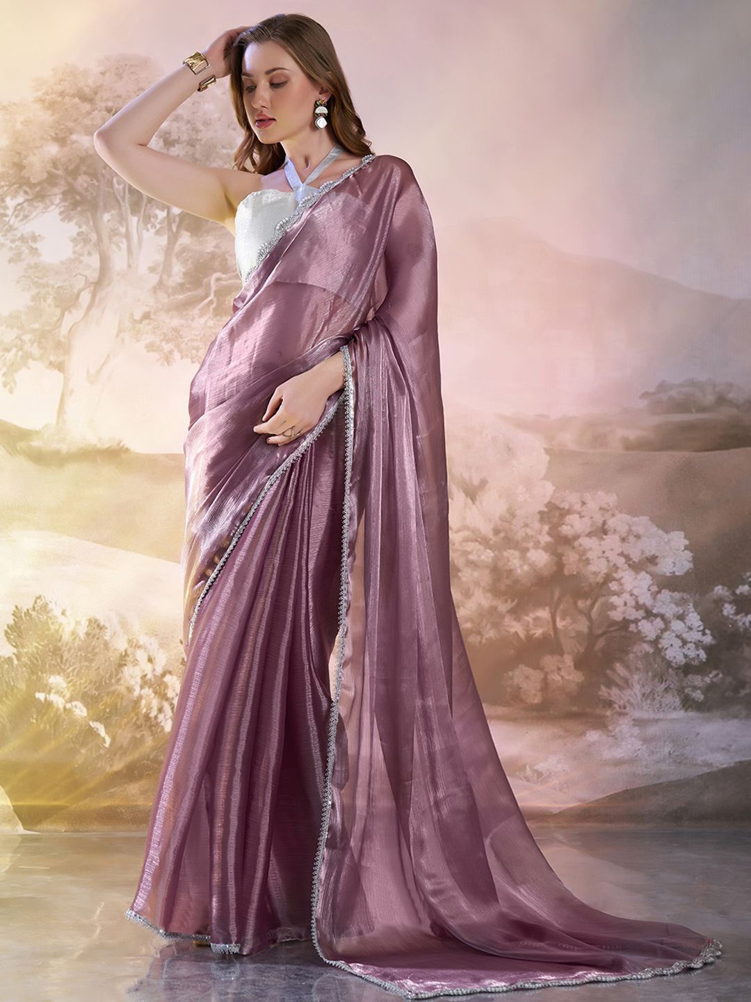 

Kalista Women Organza Solid Sequinned Saree, Purple