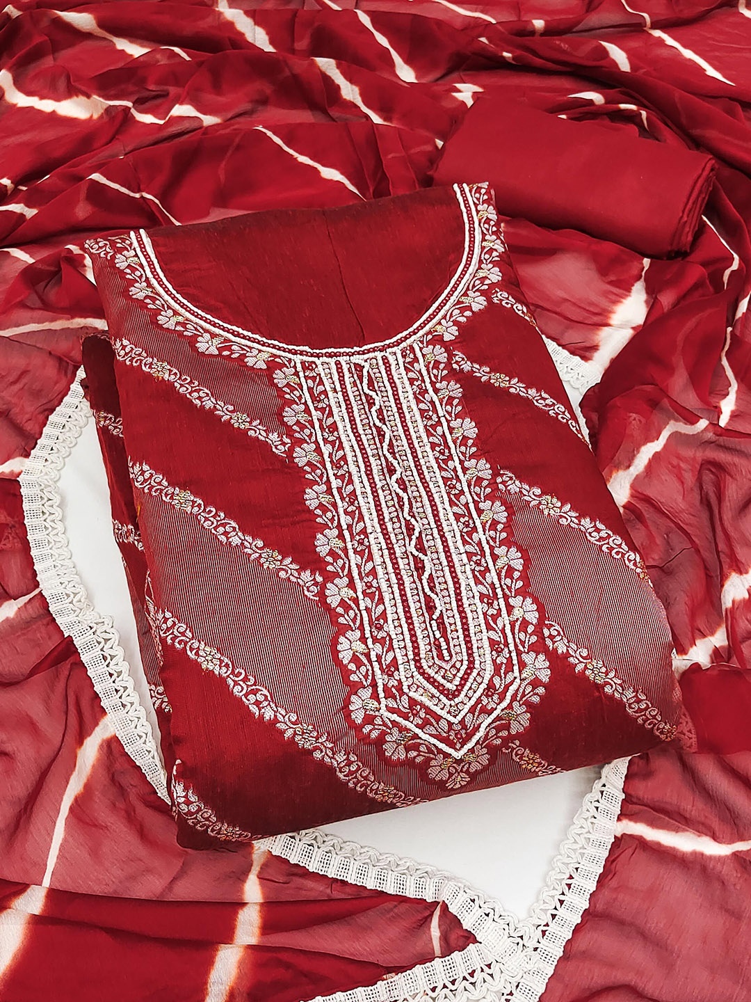 

SAINOOR Floral Woven Design Beads & Stones Banarsi Silk Semi-Stitched Dress Material, Red