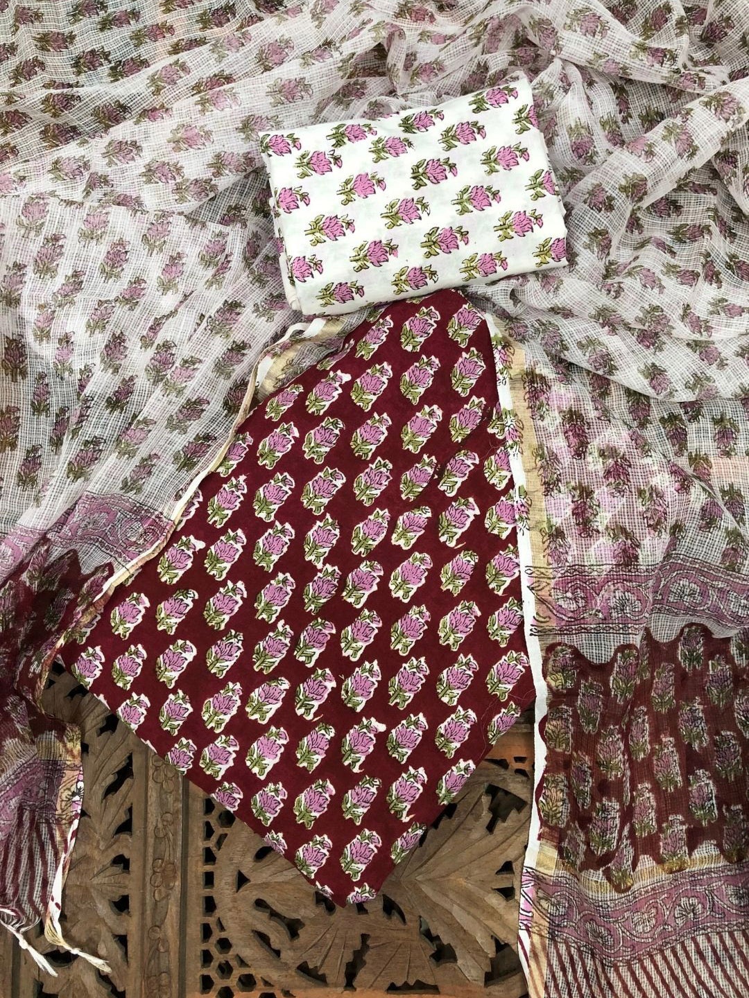 

PALASH Floral Block Printed Pure Cotton Unstitched Dress Material, Maroon
