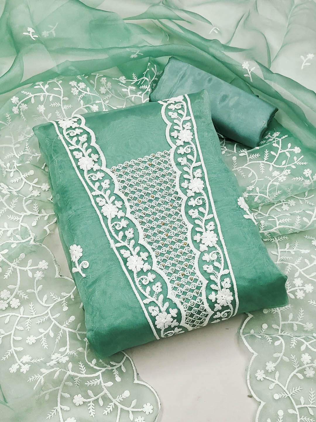 

SAINOOR Floral Embroidered Organza Unstitched Dress Material, Sea green
