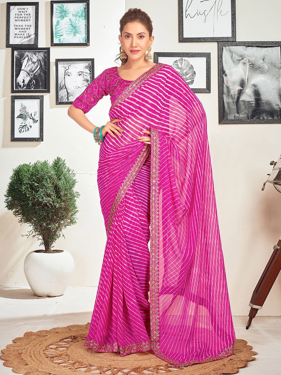 

all about you Leheriya Printed Embroidered Saree, Magenta