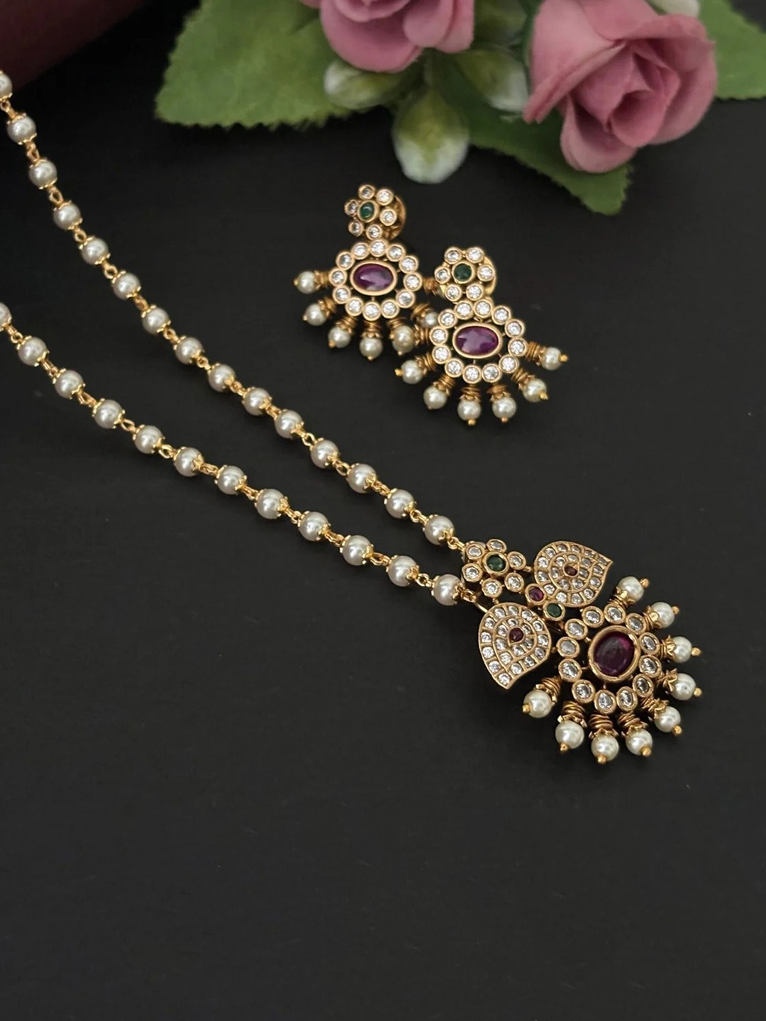 

ROFARWORD Gold-Plated Cubic Zirconia Stones Studded & Pearls Beaded Jewellery Set