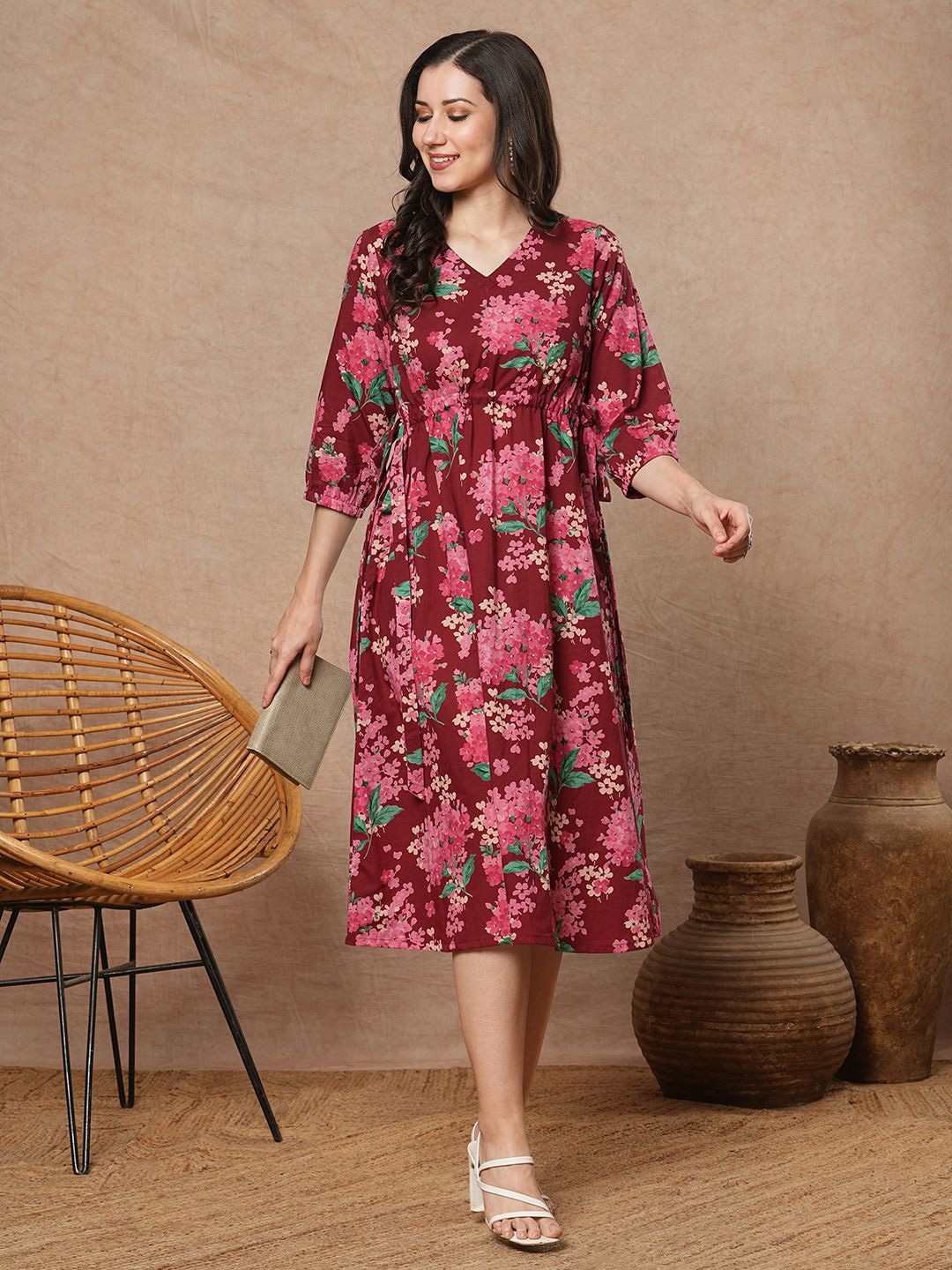

KAMI KUBI Women Pure Cotton Floral Printed V-Neck Midi A-Line Dress, Maroon