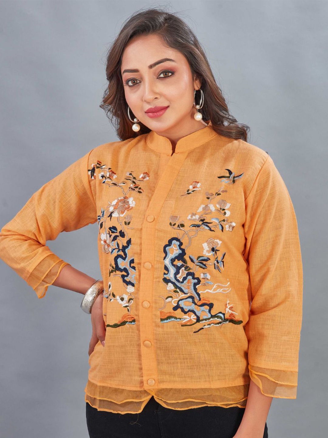 

Puretouch Women Embroidered Mandarin Collar Tunic, Orange