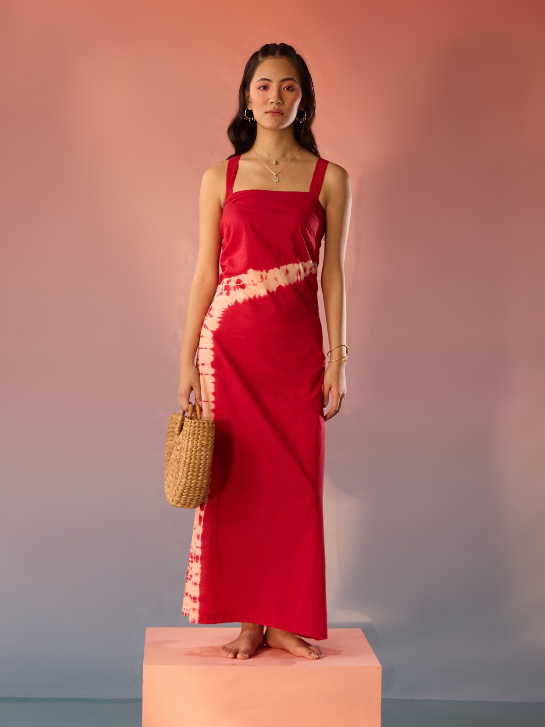 

Western Era Bandhani Tie & Dye Dyed Shoulder Straps Sheath Maxi Dress, Red