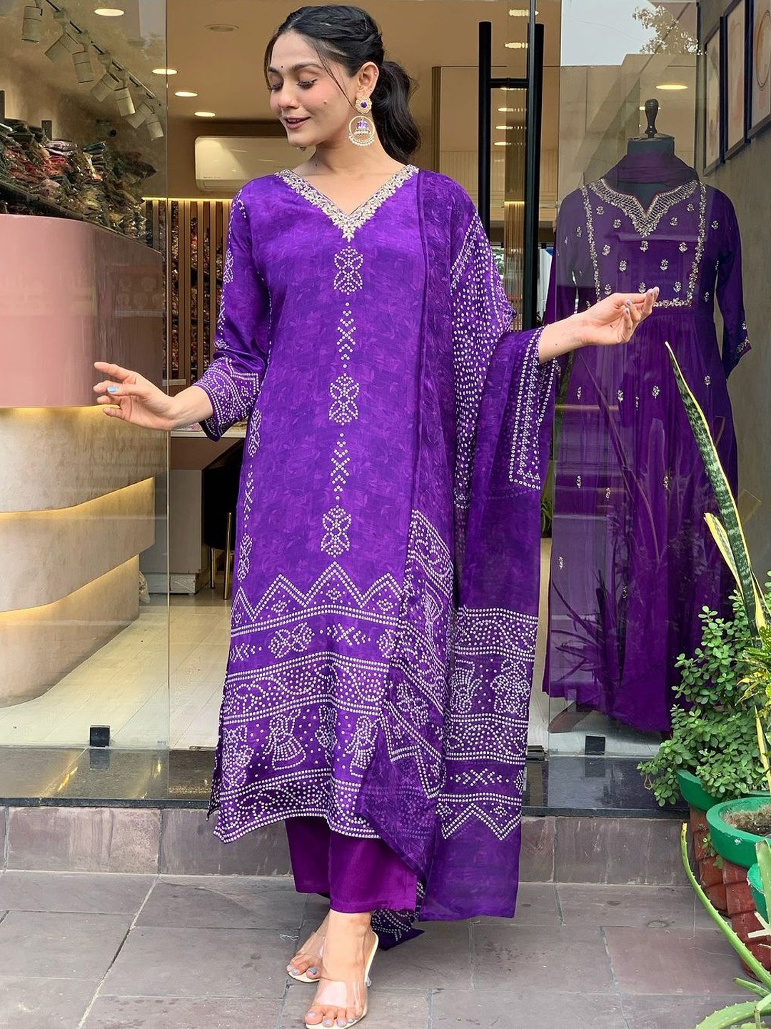 

Lilots Bandhani Printed Straight Kurta with Trousers & Dupatta, Purple