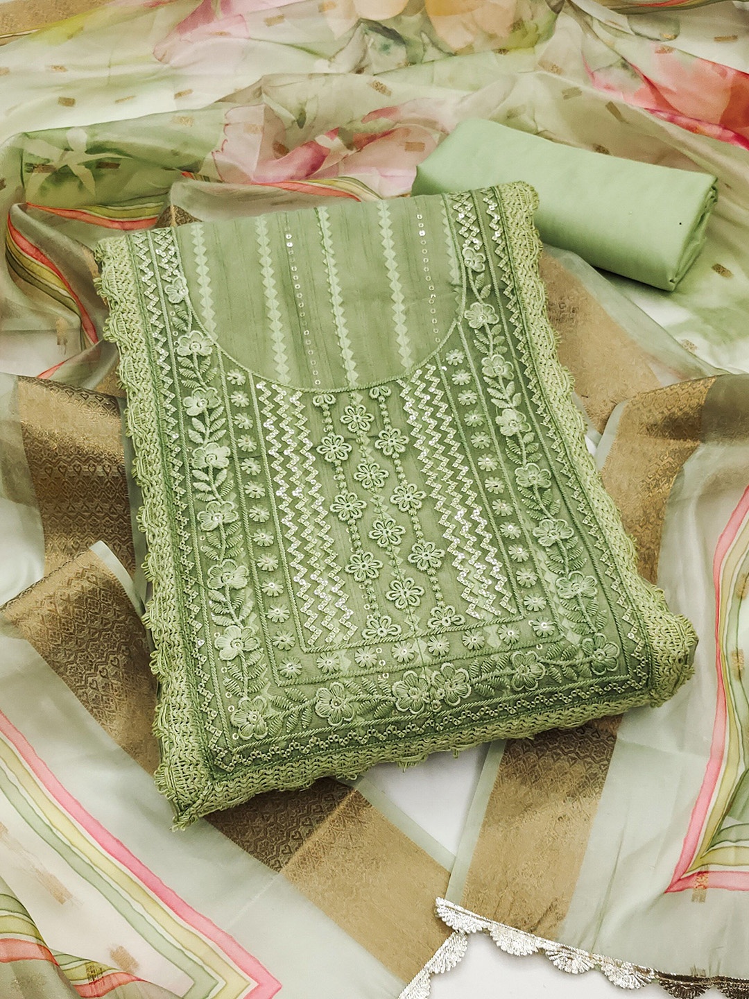 

SAINOOR Sloral Embroidered Sequinned Pure Cotton Semi-Stitched Dress Material, Green