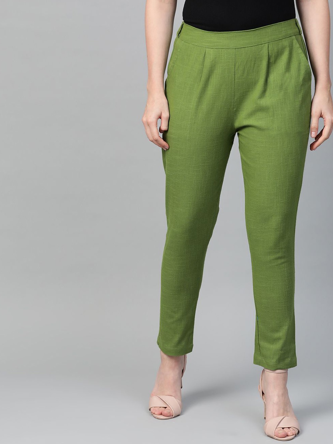 

KALINI Women Cotton Pleated Regular Trousers, Green