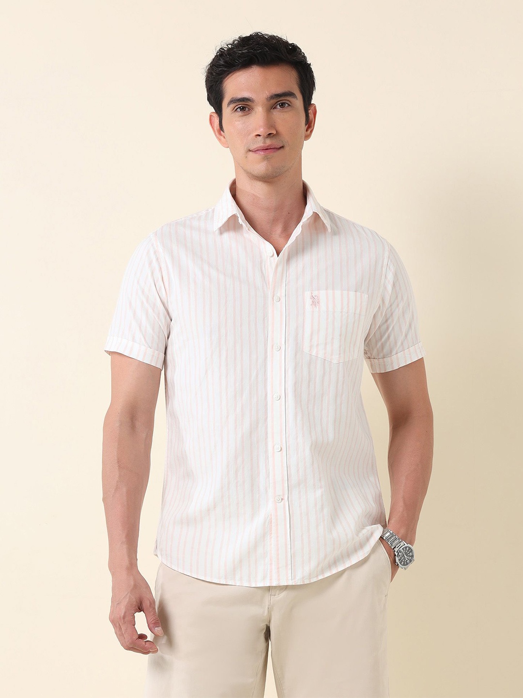 

U.S. Polo Assn. Men Tailored Fit Opaque Striped Casual Shirt, Orange