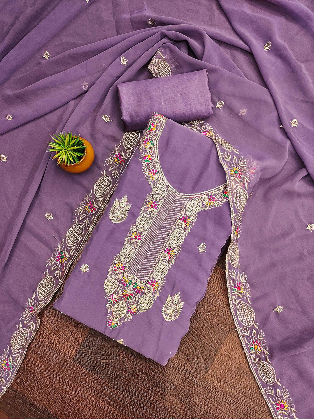 

SAINOOR Ethnic Motifs Embroidered Silk Georgette Unstitched Dress Material, Lavender