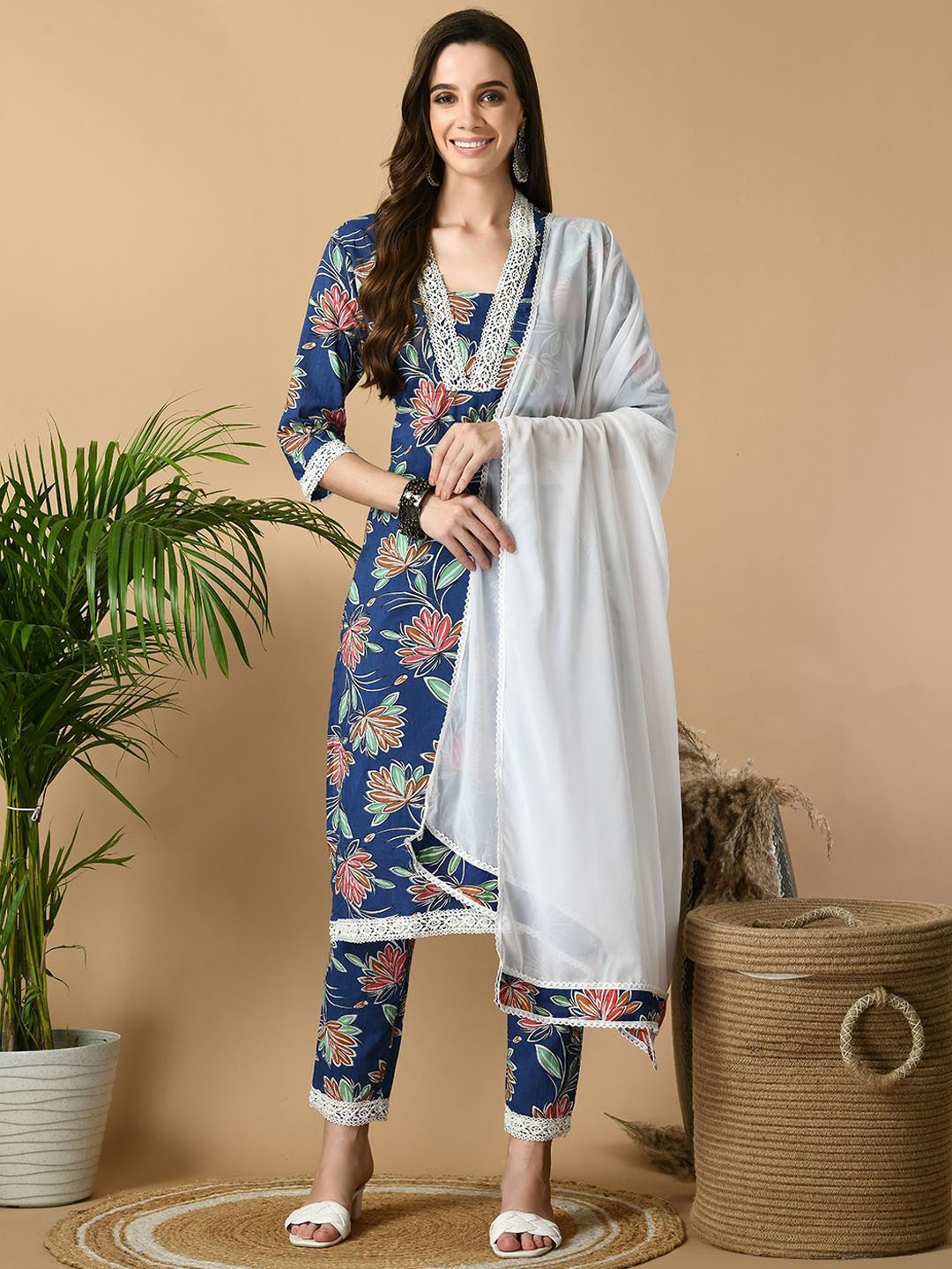 

KALINI Floral Printed Square Neck Pure Cotton Straight Kurta With Trousers & Dupatta, White