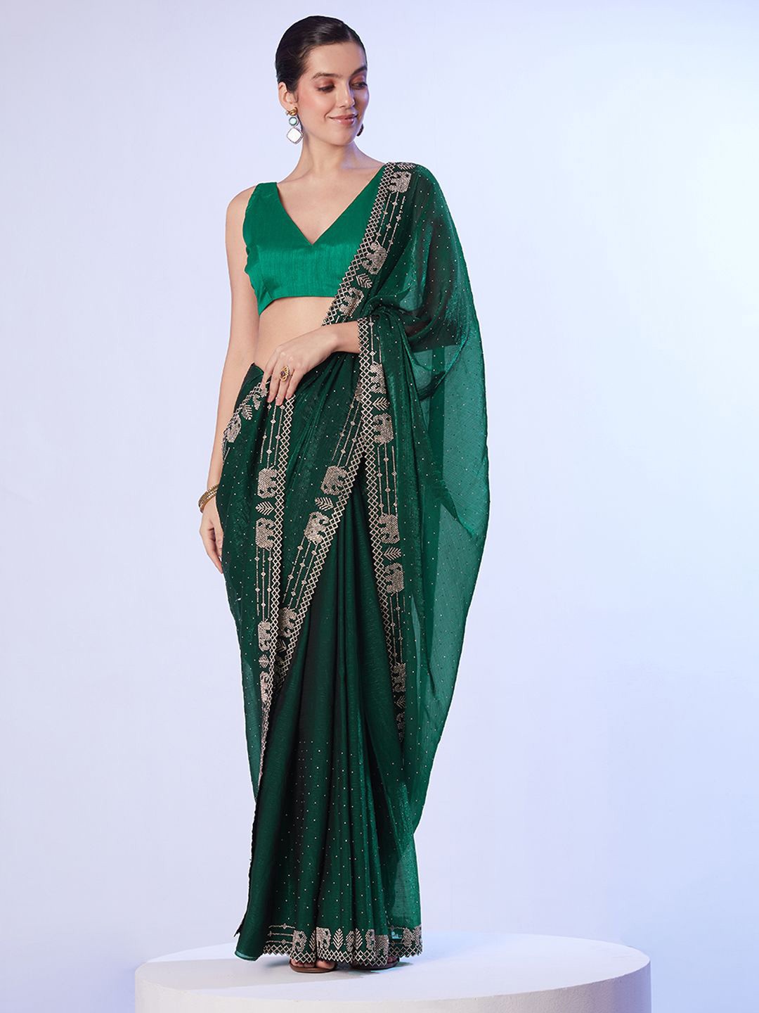 

Mitera Embellished Beads and Stones Pure Chiffon Saree, Green