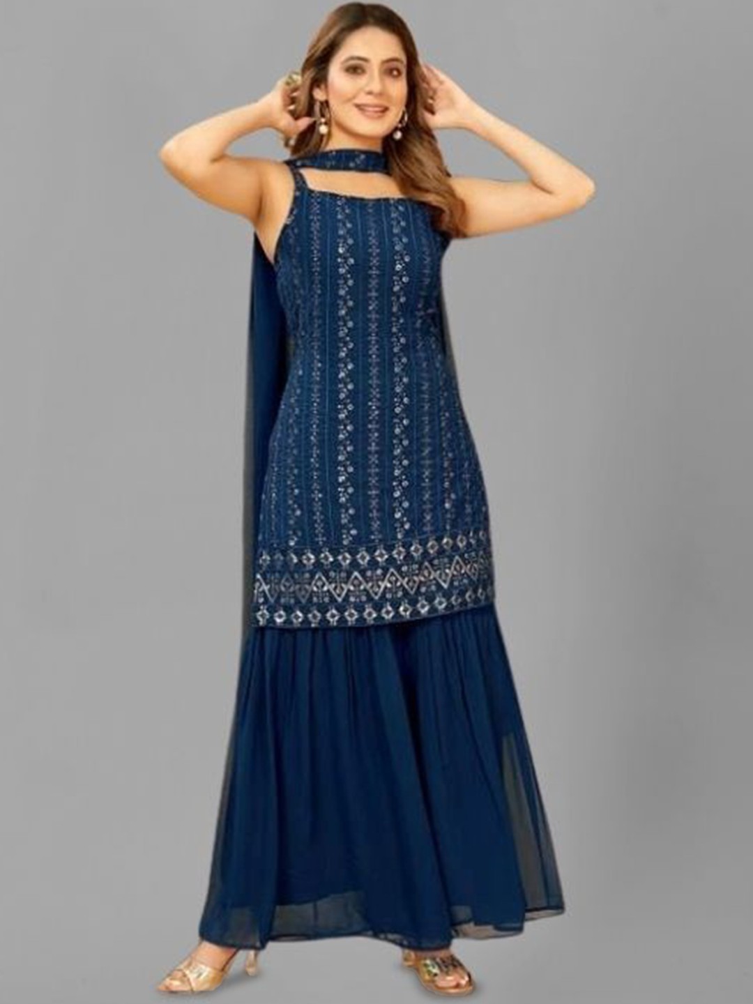 

PARROT CREATION Floral Embroidered Georgette A-Line Kurti With Sharara And Dupatta, Navy blue