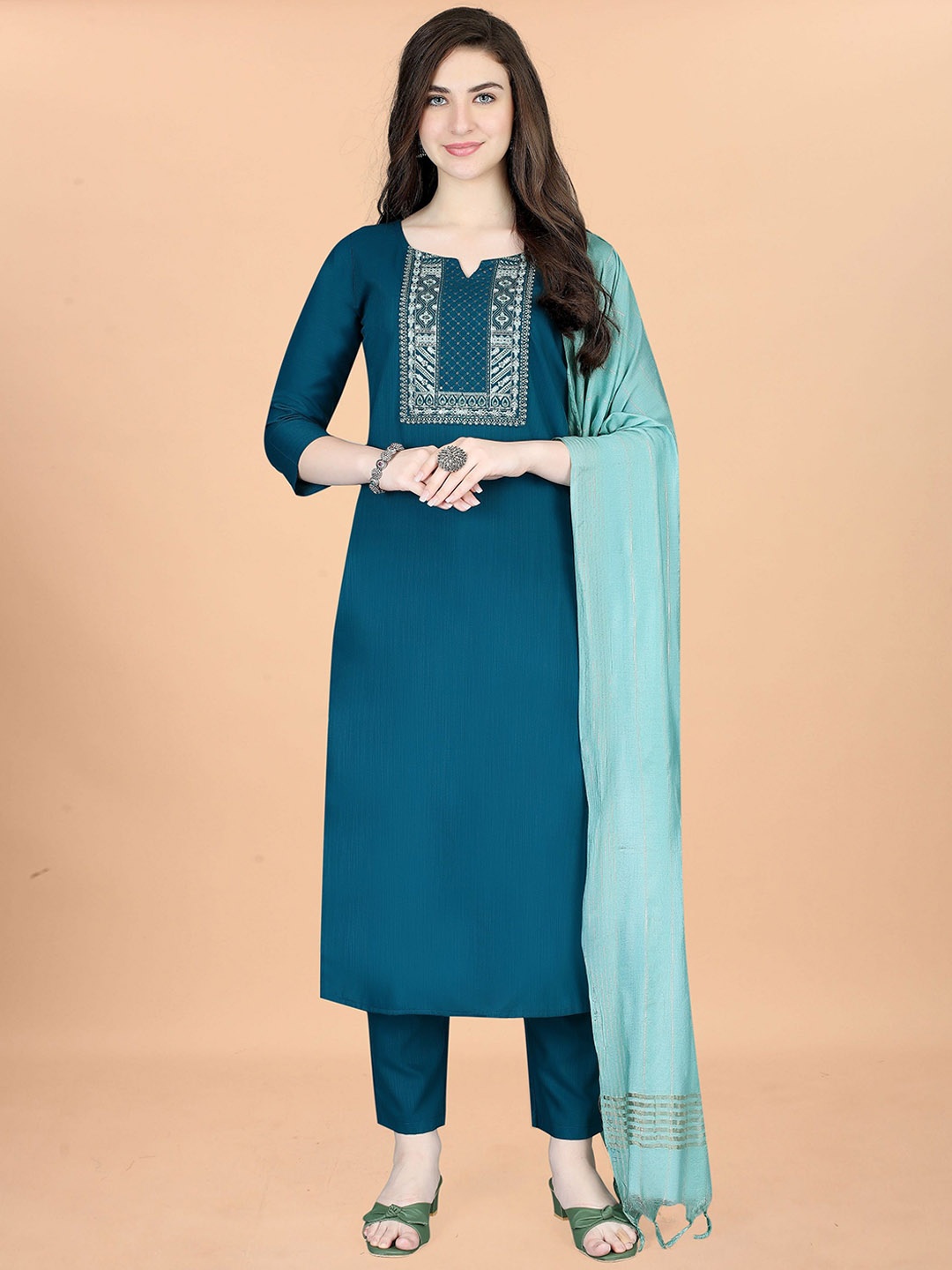 

Moda Rapido Geometric Embroidered Notch Neck Kurta With Trousers And Dupatta, Turquoise blue
