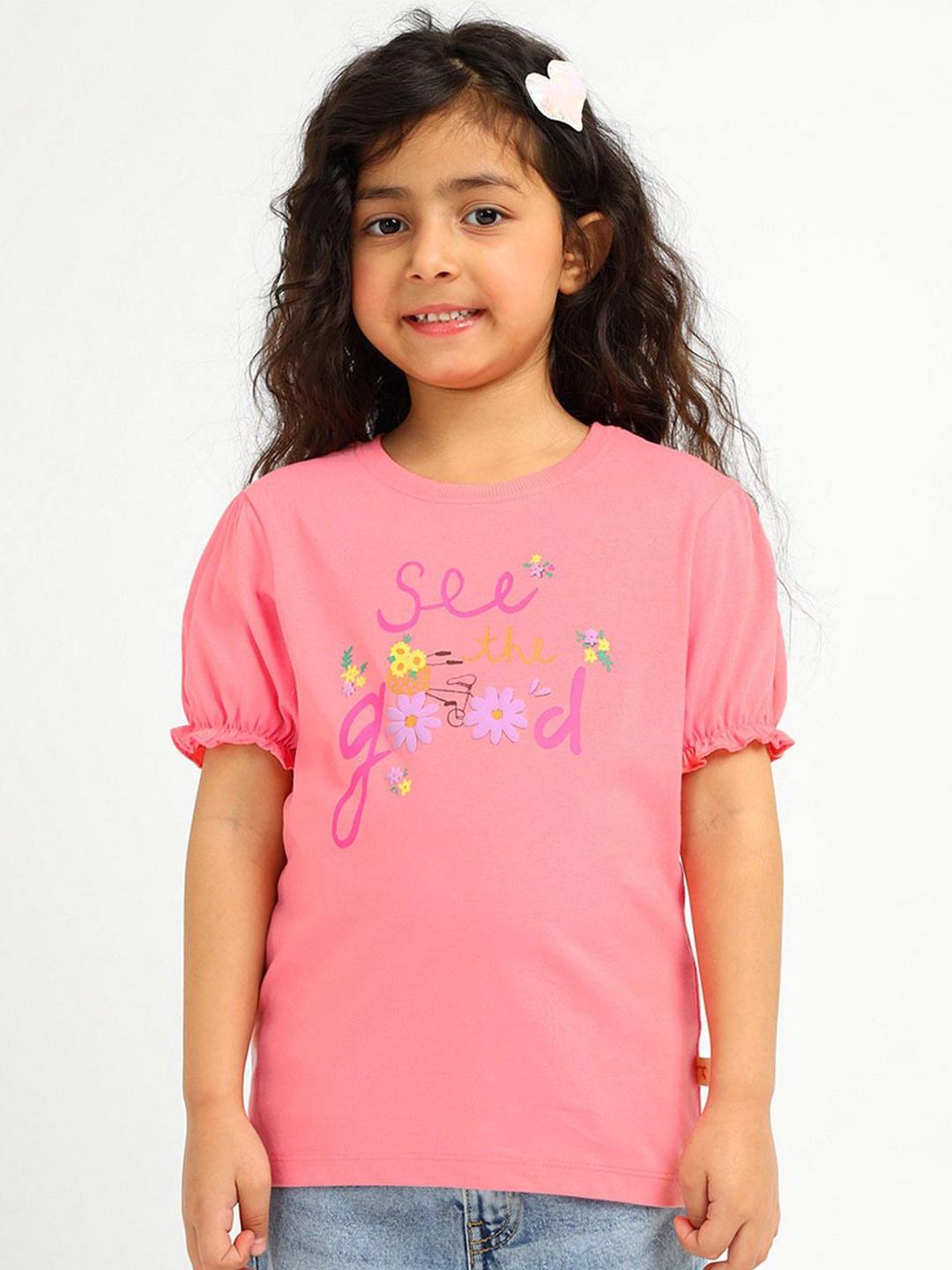 

Somersault Girls Pure Cotton Graphic Printed Round Neck Puff Sleeves Regular Top, Pink