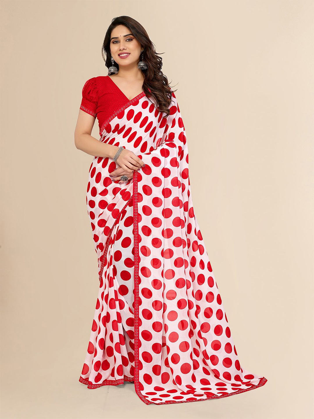 

Moda Rapido Polka Dot Printed Saree, Red
