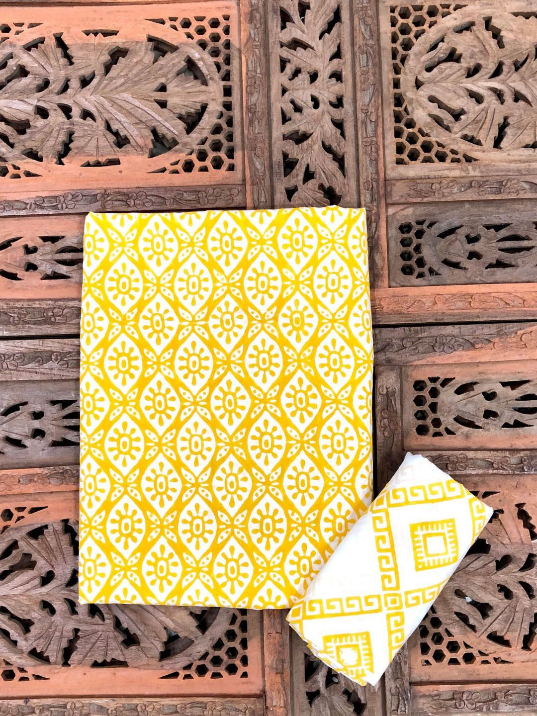 

PALASH Floral Block Printed Pure Cotton Unstitched Dress Material, Yellow