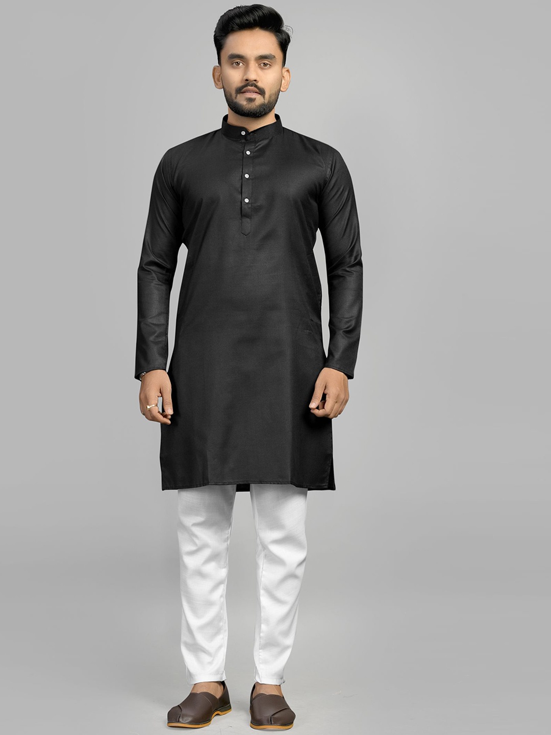 

Fashion FRICKS Band Collar Cotton Straight Kurta, Black
