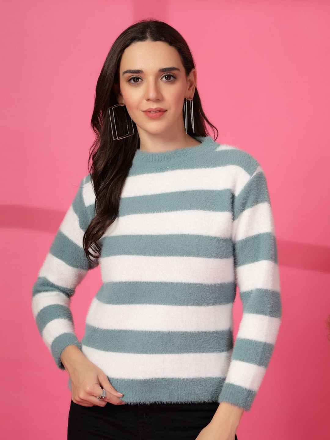 

all about you Striped Round Neck Woollen Top, Green